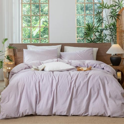 MooMee Striped Duvet Cover Set 100% Washed Cotton Linen Like King
