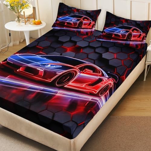 HOSIMA Kids Boys Race Car Queen Fitted Sheet,1 Fitted Sheet+2 Pillowcases.
