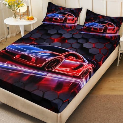 HOSIMA Kids Boys Race Car Queen Fitted Sheet,1 Fitted Sheet+2 Pillowcases.