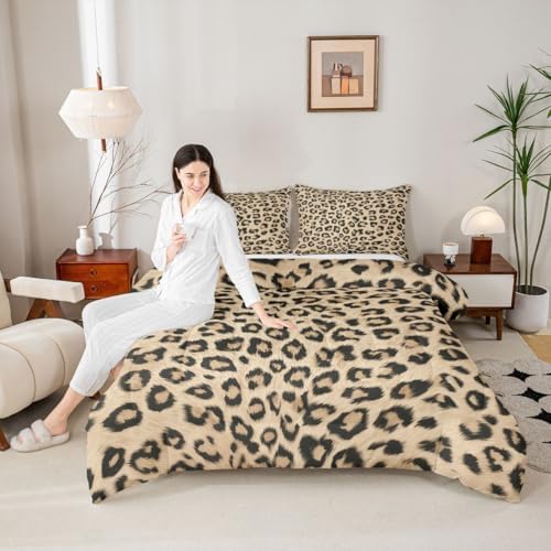 jejeloiu Leopard Comforter Set All Season Animal Skin Bedding Set with 2 Pillow Cases Animal Print Microfiber Kids King Bedclothes Bedroom Decor Duvet Quilt Breathable Soft Lightweight