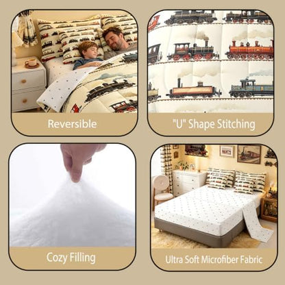 Feelyou Vintage Train Comforter Set Twin Size 7 Pcs Bedding Set Boys Girls