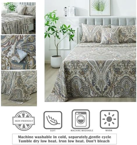 FADFAY Paisley Sheets Set Cal King Classic Boho Paisley Bedding Luxurious Bohemian Paisley Bed Sheet Set 100% Egyptian Cotton 800 Thread Count Deep Pocket Fitted Sheet 4Pcs, California King Size