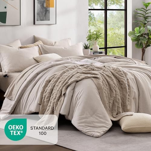 Monbix Oversized King Comforter Set 7 Pieces Oatmeal Beige Bed in a Bag