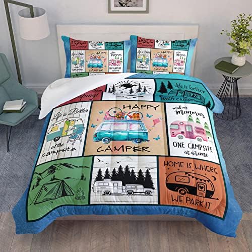 HOSIMA Happy Camping Decor Comforter Set,Cartoon Camper Bedding Queen Size for Kids Teen Girls Boys Room Decor,Camper Accessories for Travel Trailers Themed Bedding with 2 Pillowcases.