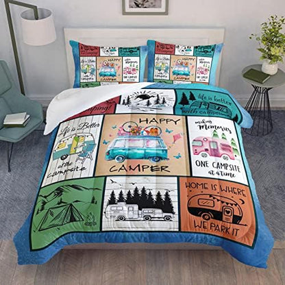 HOSIMA Happy Camping Decor Comforter Set,Cartoon Camper Bedding Queen Size for Kids Teen Girls Boys Room Decor,Camper Accessories for Travel Trailers Themed Bedding with 2 Pillowcases.