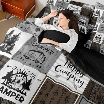 Erosebridal Happy Camping Twin Comforter Set 7 Piece,Rv Camper Bed in A Bag for Boys Adults Men,Camper Decor Bedding for Travel Trailers Bunk,Rustic Farmhouse Buffalo Plaid Bed Set Brown Grey