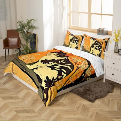 Feelyou Kids Cat Duvet Cover Full Size Cherry Blossoms Bedding Set Boys Girls Sakura Flower Floral Botanical Branches Comforter Cover Set Japanese Style Pattern Bedspread Cover（No Comforter