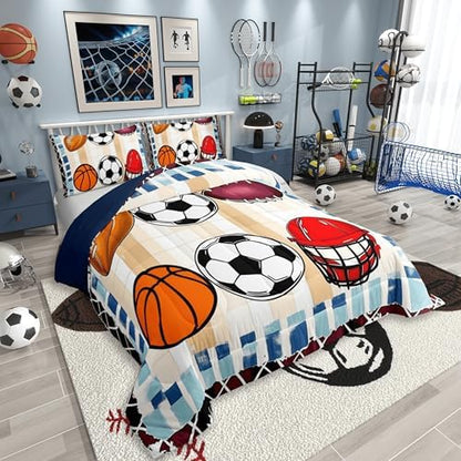 jejeloiu Ball Games Kids Comforter Set King Size Soccer Basketball Baseball Football Bedding Set Gaming Sports Duvet Quilt for Kids Boys Girls Bedroom Sports Theme Decor Microfiber Ultra Soft