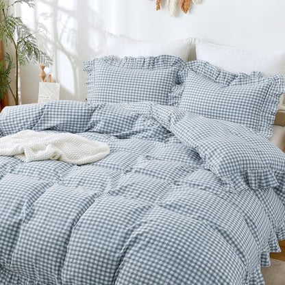 ATsense Blue Gingham Ruffle Duvet Cover Set Cotton Like Linen, Queen
