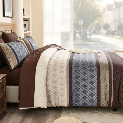 Striped Comforter Set King Size,Chocolate Brown Boho Bed in a Bag