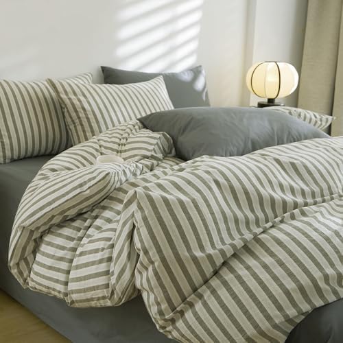 LifeTB Grey Striped Comforter Set Queen, Vintage White Grey Stripes Pattern Printed Bedding Set, Lightweight 3 Pieces Bedding Comforter with 2 Pillowcases, Farmhouse Striped Queen Comforter Set