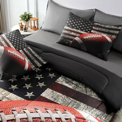 American Football Comforter Set for Boys Teens,Kids Sports Bedding Set Full Size,USA Flag Football Printed Bedroom Sets with 2 Matching Pillow Shams