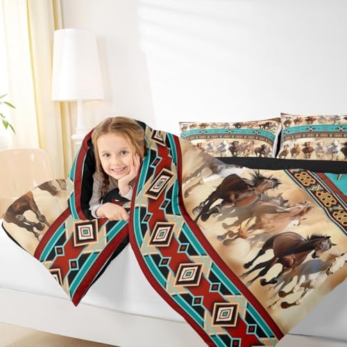 Horse Bedding Set Full Size Western Rustic Farmhouse Style Comforter Set,Boho Wild Farm Animal Horse Print Comforter Bohemian Exotic Style Duvet Insert Indian Aztec African Tribal Vintage Quilt