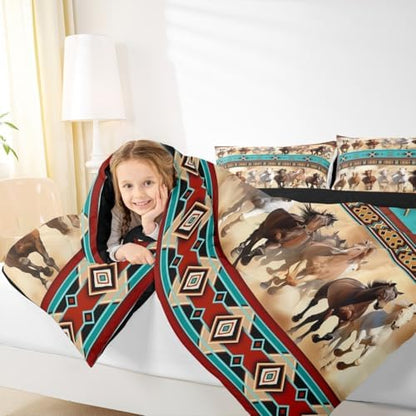 Erosebridal Aztec Horse Comforter Set for Girls, Western Farm Animal Horse Bedding Set King Size, Rustic Farmhouse Exotic Bedroom Decor, Boho Southwestern Horses Quilt Bed Set for Kids Women Men
