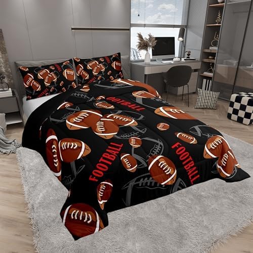 Teens American Football Pattern Comforter Set Queen Size,Ball Games Bedding Set for Kids Boys Girls Bedroom Decoration,Football Sports Bed Duvet Insert,Black Orange Comforter with 2 Pillowcases