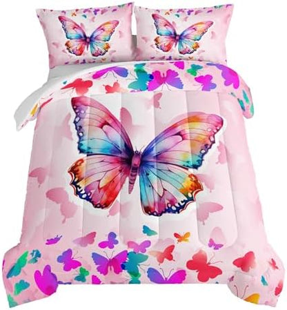 HOSIMA Colorful Butterfly Rainbow Comforter Full Size,Tie Dye Beauty Butterfly Bedding Sets for Kids Girls Teens Bedroom Decor,Aesthetics Butterflies Teenage Girl Comforter Sets with 2 Pillowcases.