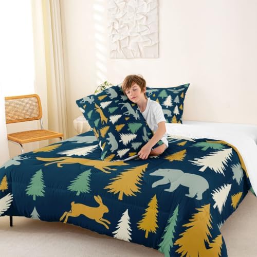 Feelyou Moose Fox Comforter Set Queen Size Soft Kids Nature Woodland Wild Animal Bedding Set with Pillow Case Farmhouse Bear Bathroom Lightweight Breathable Comforter