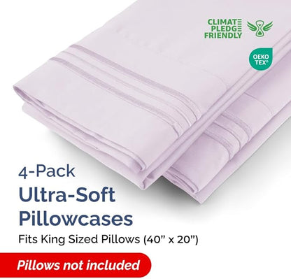 King Pillow Cases Set of 4 - Ultra Soft Hotel Quality Pillowcase Covers - Comfy, Cozy & Wrinkle Free - Shrinkage and Fade Resistant - Machine Washable Pillow Protectors - 4 Piece Set - Light Lavender