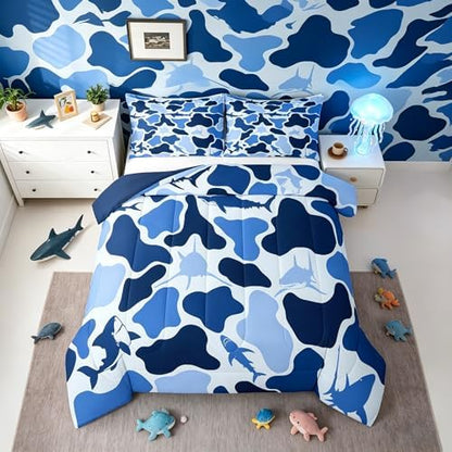 Feelyou Blue Camo Comforter Set King Size Shark Fish Bedding Set for Kids Boys Girls Camouflage Duvet Quilt Military Style Bedroom Decor Microfiber 3 Pcs with 2 Pillow Cases
