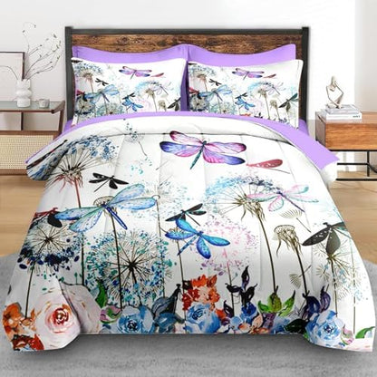 Pamnest Twin Comforter Set with Sheets, 5 Pieces Dragonfly Flower Bedding