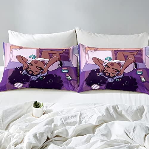 Black Girls Magic Comforter Sets, African American Soft Fluffy Comforter Duvet, Love Music Purple Girl Designs Full Size Afro Pretty Girls Comforter Set for Teens Kids Princess Cute Room Decor