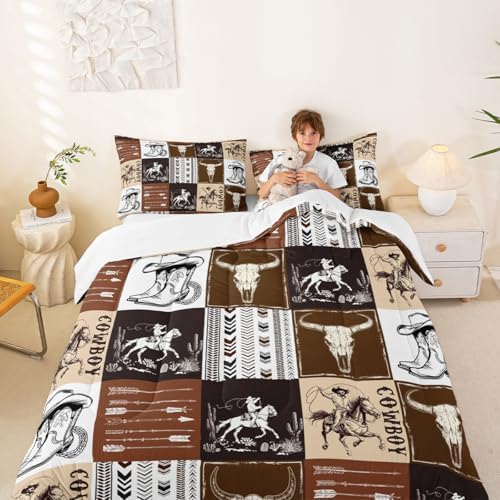 Cowboy Comforter Set Full Size,Southwestern Aztec Country Horse Bedding Set 3pcs,Rustic Ranch Retro Animal Down Comforter,Brown Patchwork Farmhouse Bed Set for Kids Boys Teens,2 Pillowcases,No Sheets