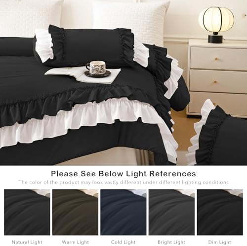 Masaca Ruffled Queen Comforter Set,Farmhouse Shabby Boho Chic Bedding Black and White Ruffle Comforter 3PCS Vintage Rustic French Country Elegant Bedding Set Ultra Soft