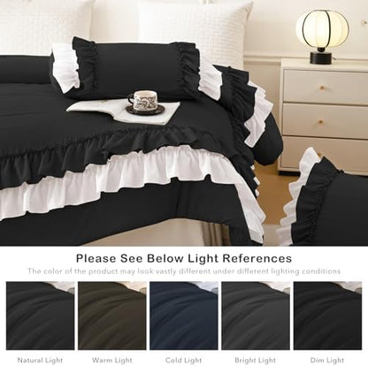 Masaca Ruffled Queen Comforter Set,Farmhouse Shabby Boho Chic Bedding Black and White Ruffle Comforter 3PCS Vintage Rustic French Country Elegant Bedding Set Ultra Soft