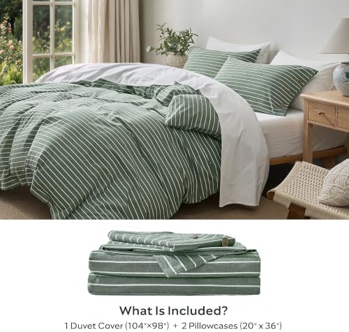 JELLYMONI 100% Washed Cotton Forest Green Striped Duvet Cover Set Cal King