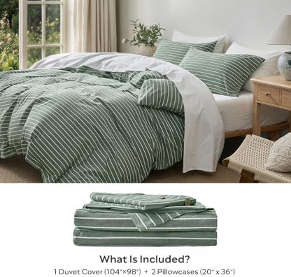 JELLYMONI 100% Washed Cotton Forest Green Striped Duvet Cover Set Cal King