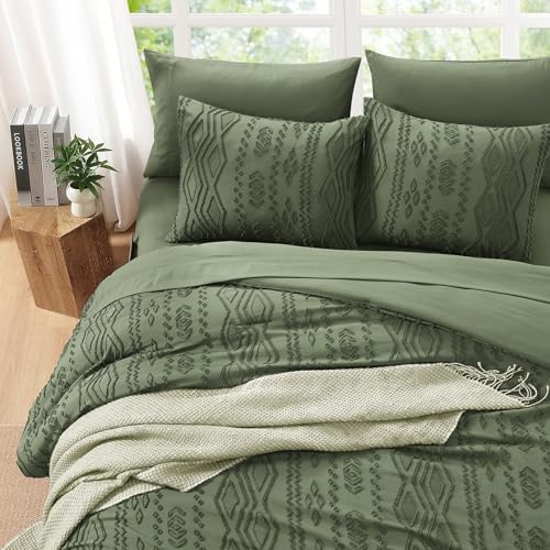 King Size Comforter Set Olive Green Tufted Boho Bedding Farmhouse 7 Pieces
