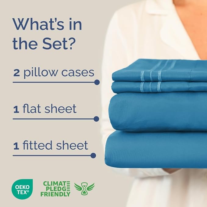 Full XL Bed Sheet - 4 Piece Full XL Bed Sheets Set - Soft, Breathable & Cooling - Hotel Luxury Bedding for Women, Men, Kids, Teens, Boys & Girls - Deep Pockets, Comfy, Fade & Wrinkle Free - Denim Blue