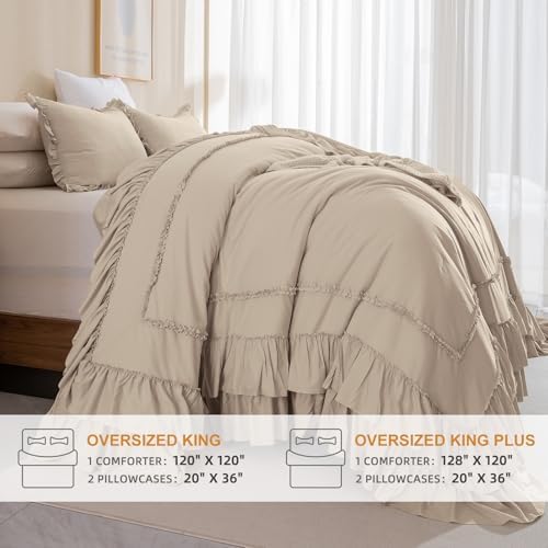 Masaca Oversized King Comforter 128x120,Farmhouse Shabby Boho Chic Ruffled Bedding Comforter Set,Extra Large King Size Ruffle Comforter Sets Vintage French Country Bedding Set Ultra Soft