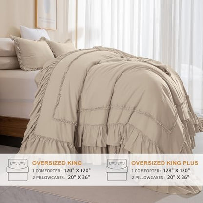 Masaca Oversized King Comforter 128x120,Farmhouse Shabby Boho Chic Ruffled Bedding Comforter Set,Extra Large King Size Ruffle Comforter Sets Vintage French Country Bedding Set Ultra Soft