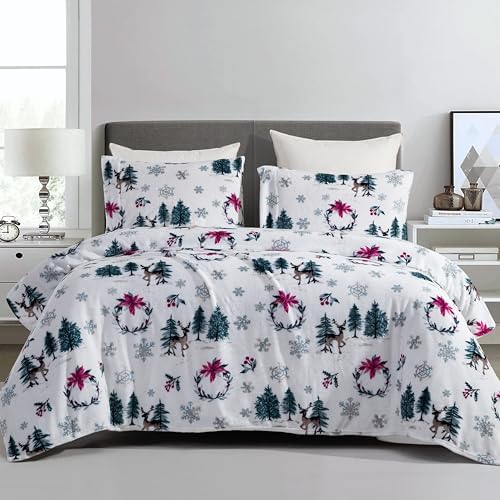 Elegant Comfort Luxuriously Soft 4-Piece Holiday Velvet Plush Flannel Sheet Set - Premium Quality - Cozy Warm, Christmas Fuzzy Velvet Flannel Fleece Deep Pocket Sheet Set - Twin, Christmas Wreath