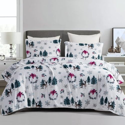 Elegant Comfort Luxuriously Soft 4-Piece Holiday Velvet Plush Flannel Sheet Set - Premium Quality - Cozy Warm, Christmas Fuzzy Velvet Flannel Fleece Deep Pocket Sheet Set - Twin, Christmas Wreath