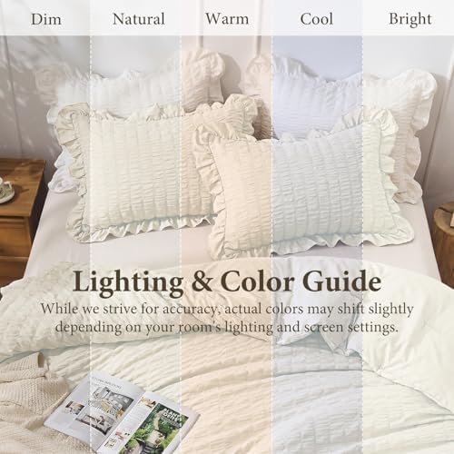 JOLLYVOGUE Ivory Comforter Full Size, 3 Pieces Seersucker Lightweight Full Size Bedding, All Season Fluffy Microfiber Bedding Comforter Set with 1 Ruffle Comforter and 2 Ruffle Pillowshams