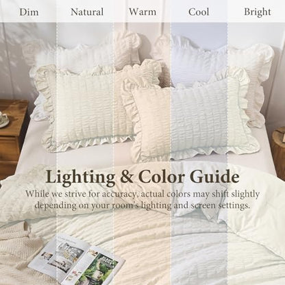 JOLLYVOGUE Ivory Comforter Full Size, 3 Pieces Seersucker Lightweight Full Size Bedding, All Season Fluffy Microfiber Bedding Comforter Set with 1 Ruffle Comforter and 2 Ruffle Pillowshams