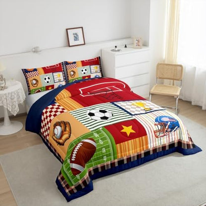 Boys Football Comforter Set Cartoon Ball Sports Themed Bedding Set for Kids Teens Child Room Decor Colorful Geometric Grid Stripes Quilted Duvet Cute Baseball Rugby Duvet Insert Twin Size