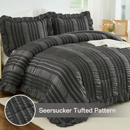 WONGS BEDDING Queen Comforter Set,Dark Grey Boho Comforter Set Queen,Shabby Chic Bedding Set for Bed, 3 Pieces Soft Lightweight Farmhouse Comforter for All Season 90"×90"