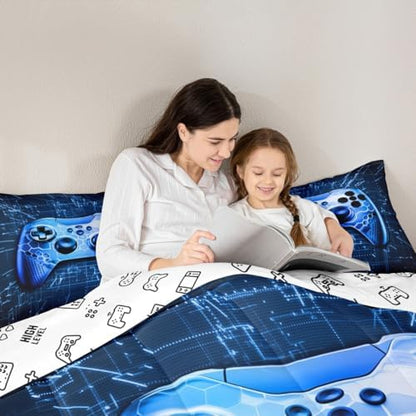 Teens Gamer Comforter Set Queen Size,Gaming Bedding Set for Kids Boys Girls Bedroom Decoration,Honeycomb Gamepad Bed Duvet Insert,Video Game Controller Comforter with 2 Pillowcases,Blue Black