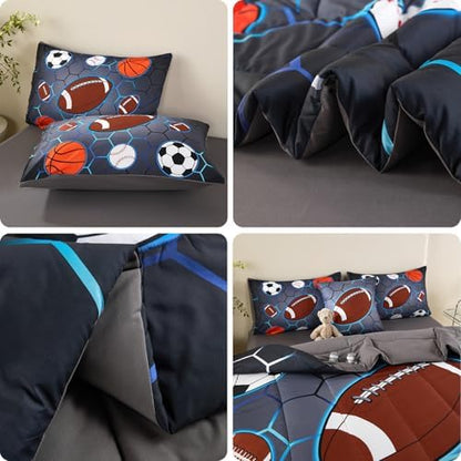 4 Pcs Sports Bedding Set for Boys Twin, Basketball Baseball Football Soccer Bedding Twin Boys Comforter Set