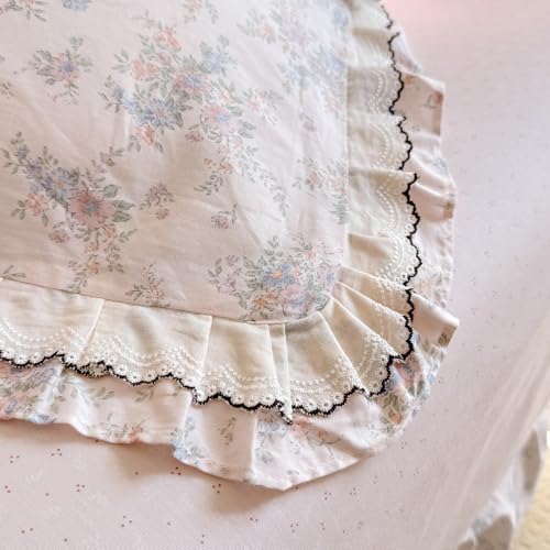VM VOUGEMARKET Lace Ruffle Duvet Cover Set Twin,Vintage Garden Floral Bedding Set,Double-Layer Gauze Cotton Soft,Breathable & Lightweight for Teen Girls-68 x86