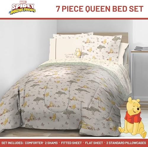Jay Franco Kids Bed Set, Beige, Winnie The Pooh, 7 Piece Queen