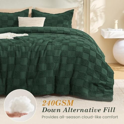 Sasttie King Comforter Set, 3 PC Boho Tufted Bed, Checkered Bedding, Green