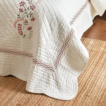 MarCielo 3Pcs Cotton European Folk Embroidered Quilt Bedspread Set Modern Farmhouse Style TC155