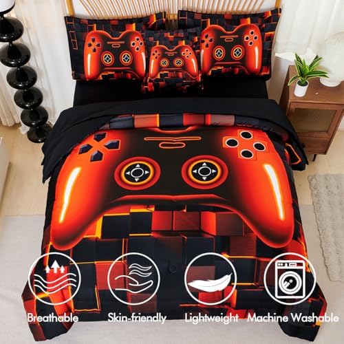 PERFEMET Full Bedding Sets for Boys 6 Pieces Orange Game Kids Bed in A Bag
