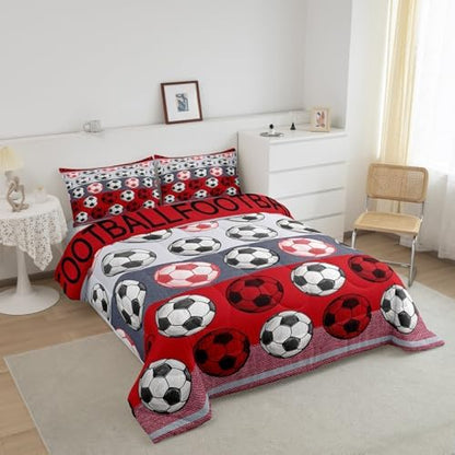 Homewish Soccer Pattern King Size Comforter Set,Kids Red Gray Stripe Decor All Season Bedding Set,Teens Soccer Sports Comforter,Sport Gaming Decor Quilt Set Bedroom Collection 3Pcs