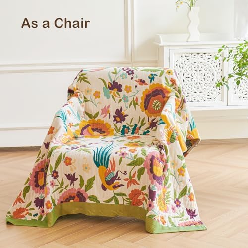 VANJOROY Boho Throw Blanket, 100% Organic Cotton Breathable Ultra Soft 91" x 108" King Bed Quilt Throw - All Season Floral Rustic Farmhouse Decor Luxury Blanket for Sofa Couch Chair and Gift