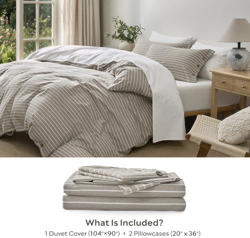 JELLYMONI 100% Washed Cotton Beige Striped Duvet Cover Set King